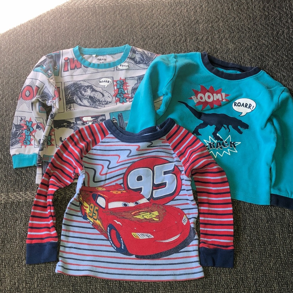 3 pajama tops 1 Lightning McQueen Long-Sleeve Kids Tee & 2 Pekkle dinosaurs